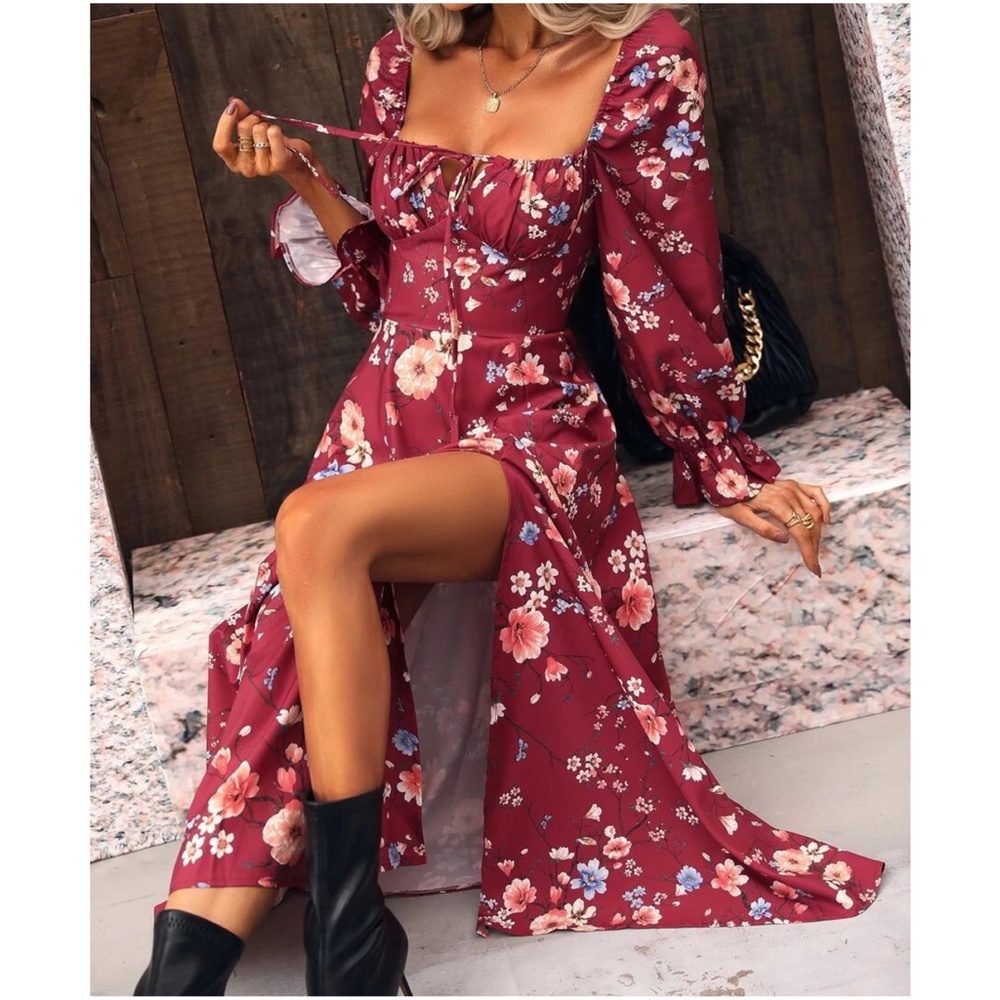 Boho Floral Print Ruffle Sleeve Maxi Dress - Picture 5 of 8
